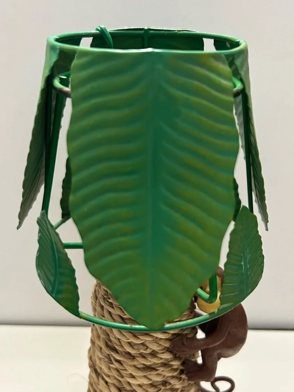 Vintage Palm Tree Wicker Tealight Monkey and Removable Metal Tealight Leaf Shade